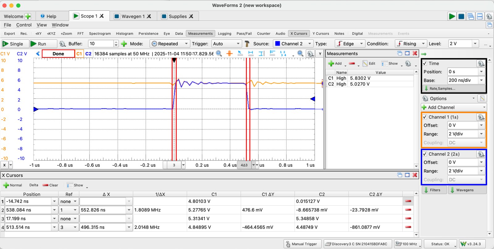 RESET pulse on the oscilloscope